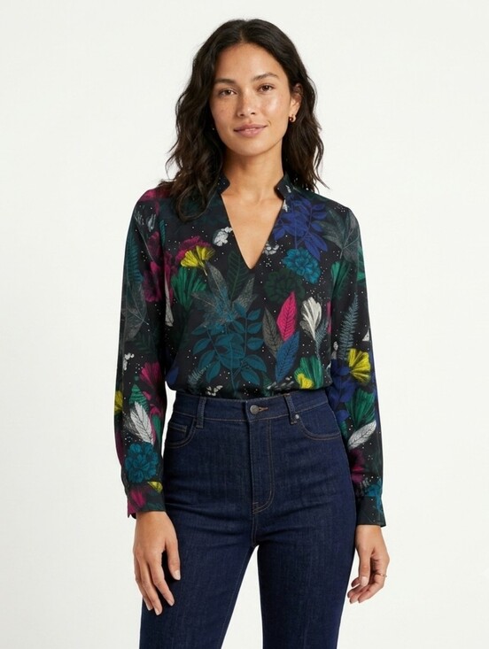 Vilagallo Tops - Vilagallo Silk Stretch V-Neck Blouse Dark Botanical Celestial Bat Print Top - 38